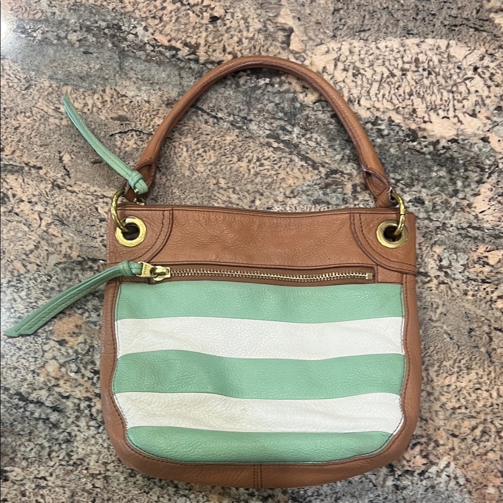 Fossil Brown and Mint Green Striped Shoulder Bag